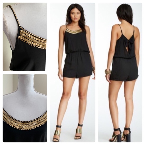 Romeo & Juliet Couture Pants - ROMEO & JULIET Couture Gold Beaded Open Back Black Romper
